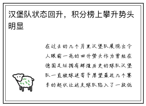 汉堡队状态回升，积分榜上攀升势头明显